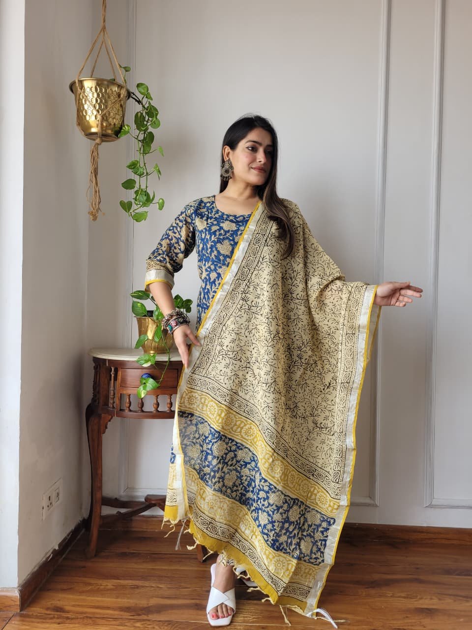 Blue Bagru Hand Block Printed Linen Suit Set